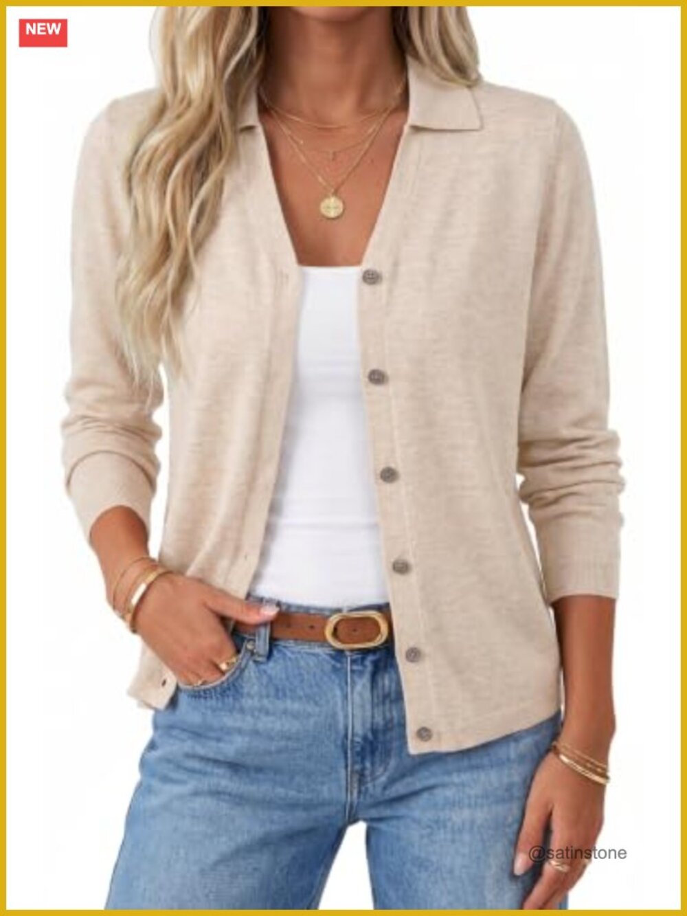 Wool Blend Collared V-Neck Cardigan Business Casual Long Sleeve - Picture 1 of 5